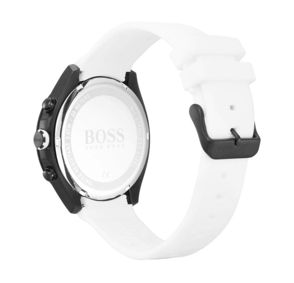 Hugo Boss Men’s Black Chronograph Watch with White Silicone Strap – HB1513718