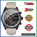 HUGO BOSS Grand Prix HB1513562 Beige Leather Black Dial Chrono Mens Watch 44mm