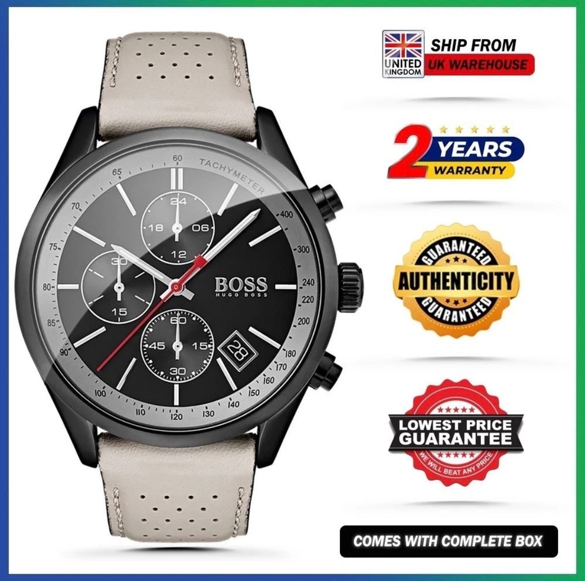 HUGO BOSS Grand Prix HB1513562 Beige Leather Black Dial Chrono Mens Watch 44mm
