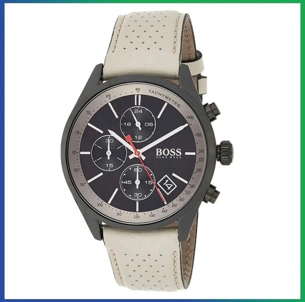 HUGO BOSS Grand Prix HB1513562 Beige Leather Black Dial Chrono Mens Watch 44mm
