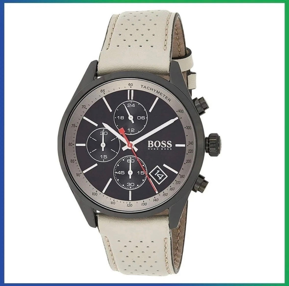 HUGO BOSS Grand Prix HB1513562 Beige Leather Black Dial Chrono Mens Watch 44mm