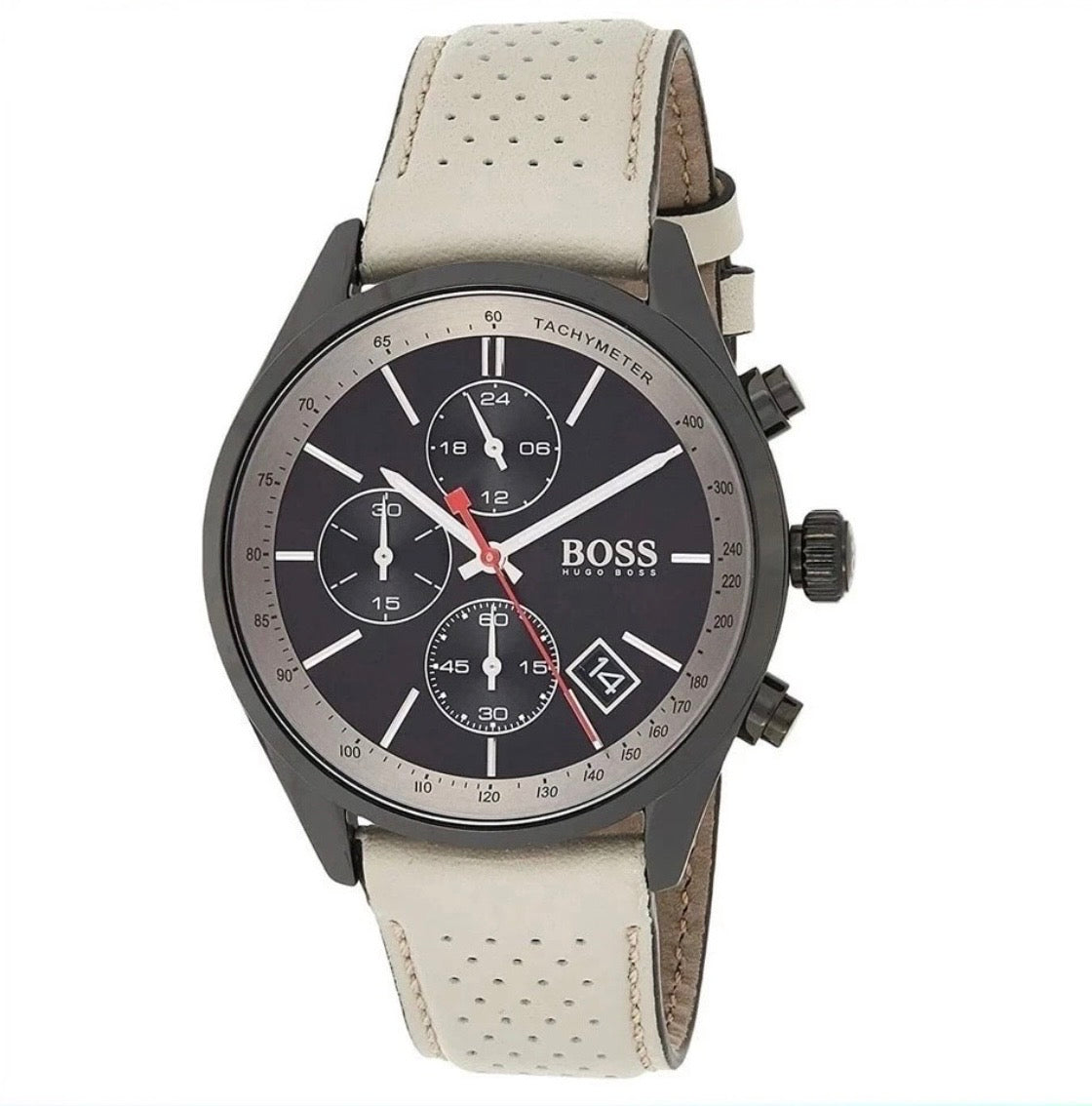 HUGO BOSS Grand Prix HB1513562 Beige Leather Black Dial Chrono Mens Watch 44mm