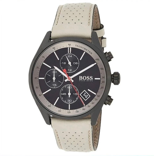 HUGO BOSS Grand Prix HB1513562 Beige Leather Black Dial Chrono Mens Watch 44mm