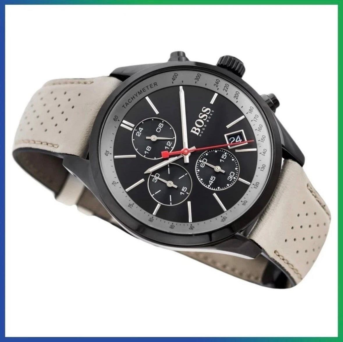 HUGO BOSS Grand Prix HB1513562 Beige Leather Black Dial Chrono Mens Watch 44mm