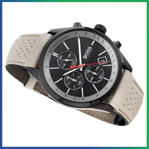 HUGO BOSS Grand Prix HB1513562 Beige Leather Black Dial Chrono Mens Watch 44mm