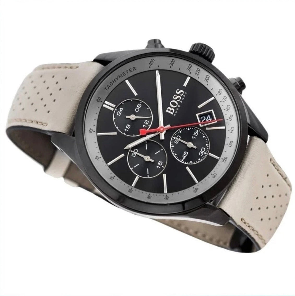 HUGO BOSS Grand Prix HB1513562 Beige Leather Black Dial Chrono Mens Watch 44mm