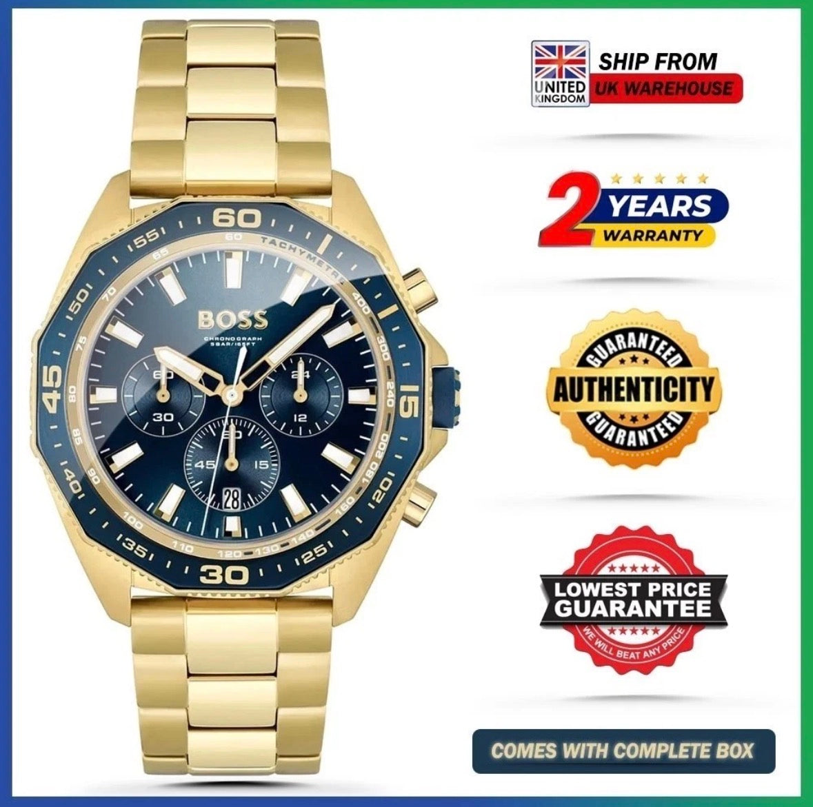 HUGO BOSS HB1513973 Energy Chrono Gold Stainless Steel Blue Dial Mens Watch 44mm