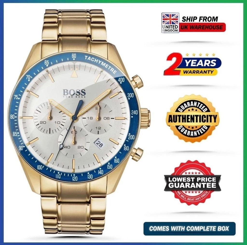 New HUGO BOSS HB1513631 Trophy Beige Dial Gold Strap Chronograph Mens Watch 44mm