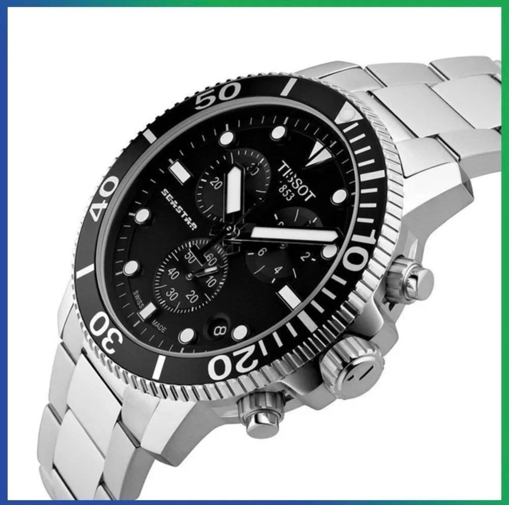 TISSOT Seastar 1000 T120.417.11.051.00 Silver Strap Black Dial Chrono Mens Watch