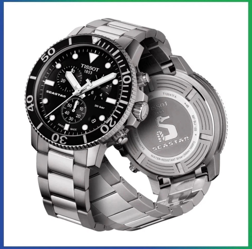 TISSOT Seastar 1000 T120.417.11.051.00 Silver Strap Black Dial Chrono Mens Watch