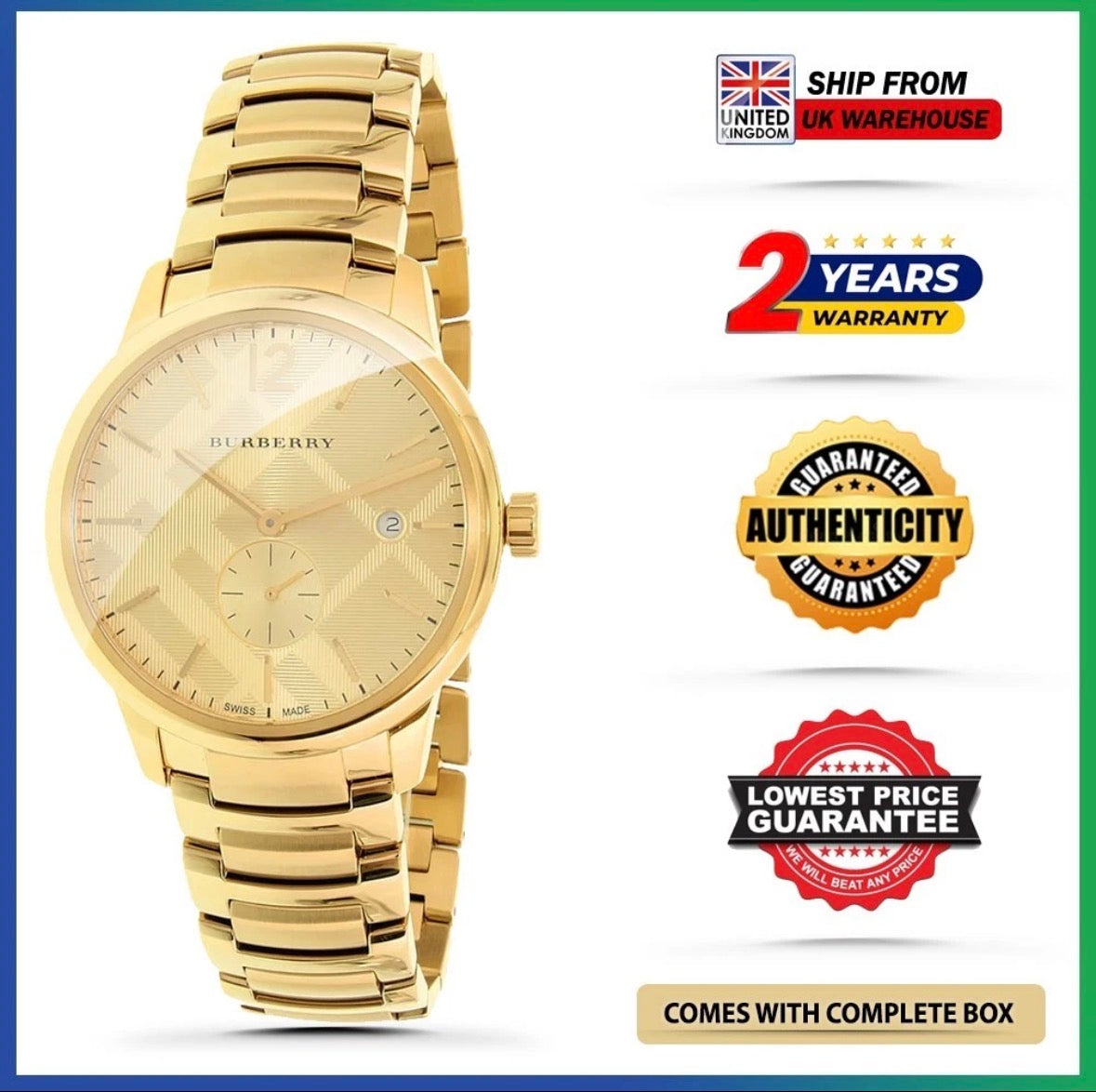New BURBERRY The Classic BU10006 Yellow Gold Steel Strap Chrono Mens Watch 40mm