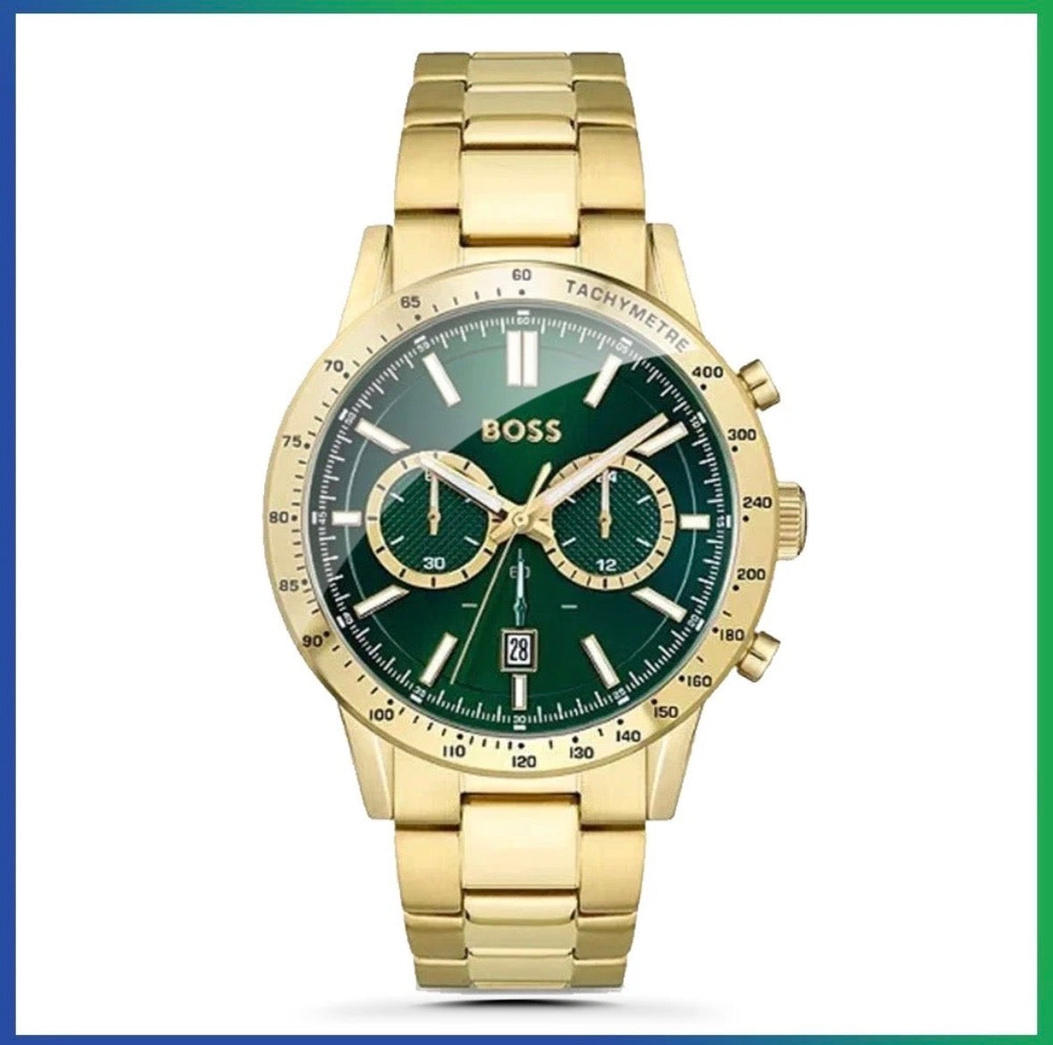 New HUGO BOSS HB1513923 Allure Gold Strap Green Dial Chronograph Mens Watch 44mm