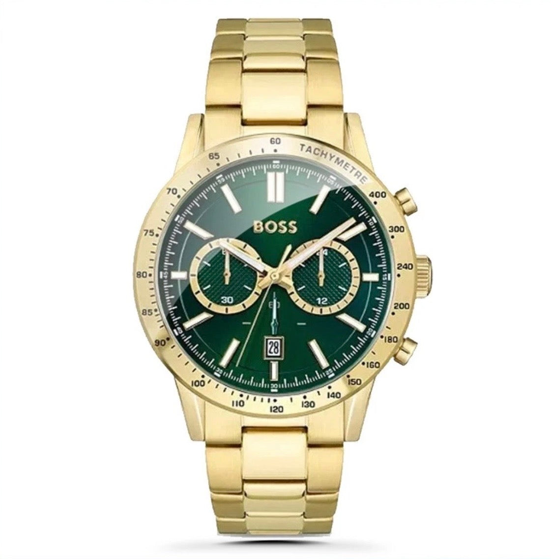 New HUGO BOSS HB1513923 Allure Gold Strap Green Dial Chronograph Mens Watch 44mm