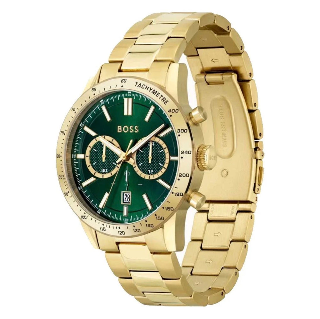 New HUGO BOSS HB1513923 Allure Gold Strap Green Dial Chronograph Mens Watch 44mm