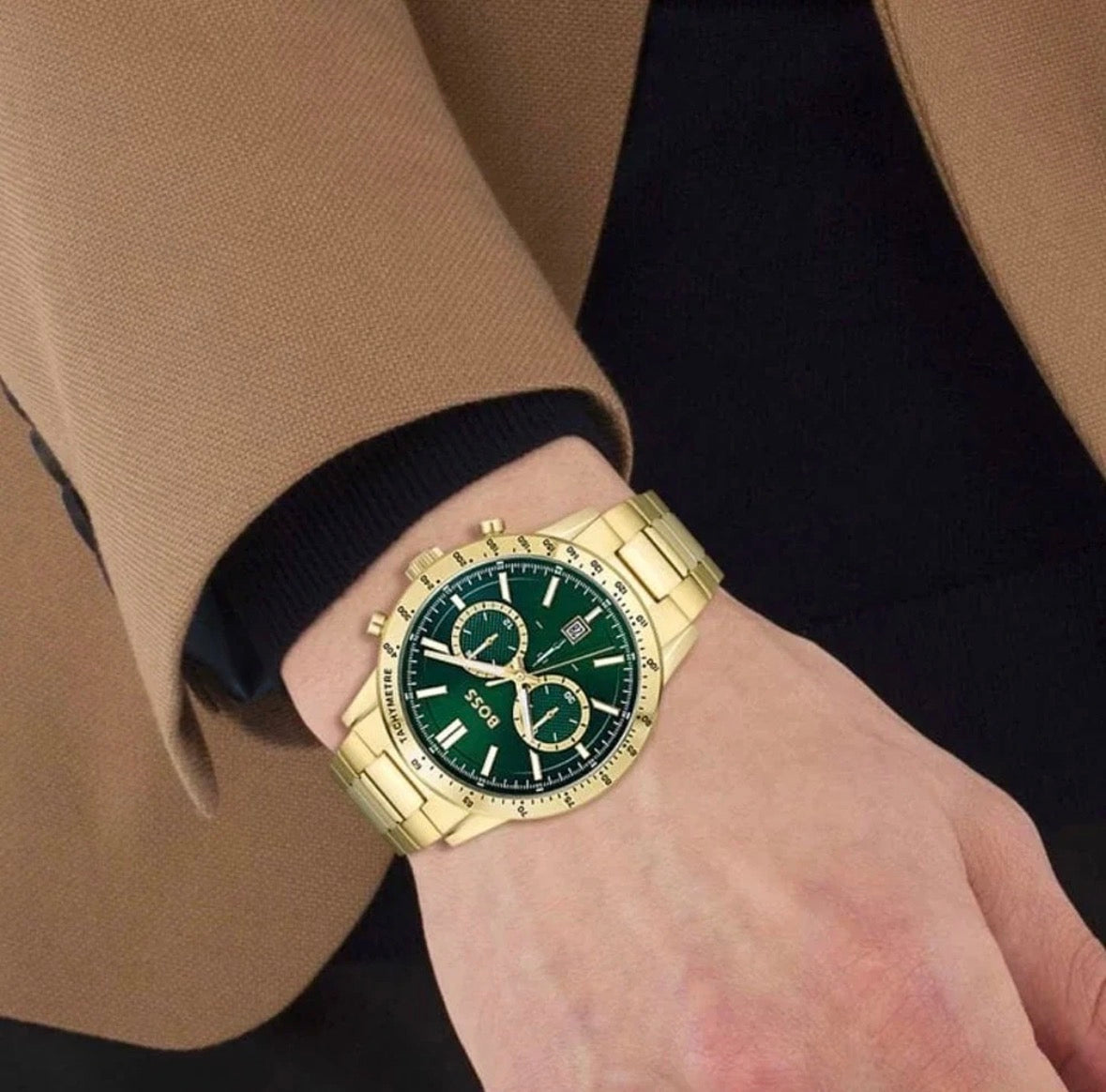 New HUGO BOSS HB1513923 Allure Gold Strap Green Dial Chronograph Mens Watch 44mm