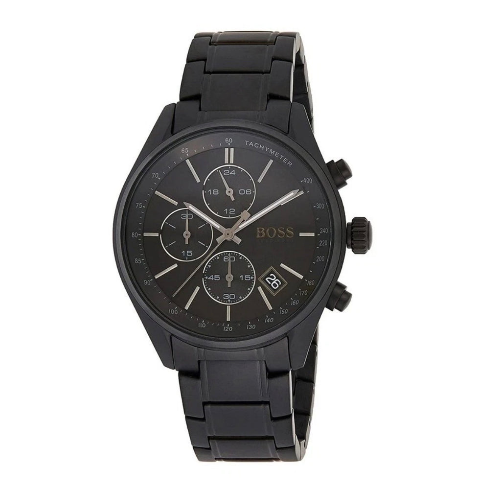 HUGO BOSS HB1513676 Grand Prix Black Dial Stainless Chronograph Mens Watch 44mm