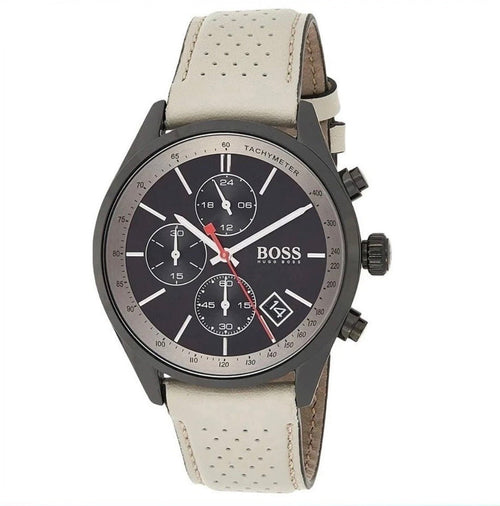 HUGO BOSS Grand Prix HB1513562 Beige Leather Black Dial Chrono Mens Watch 44mm - TIMEWORTH UKhugo boss