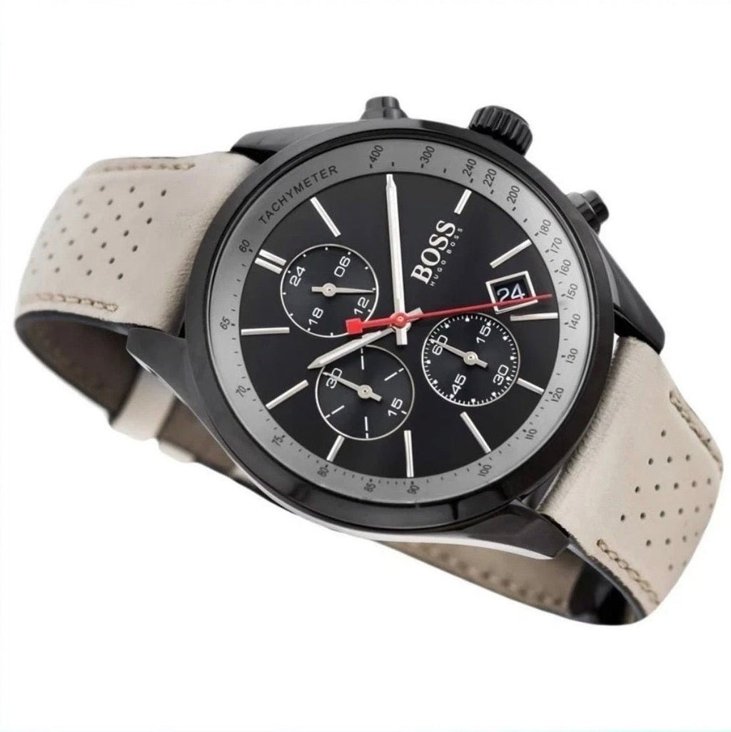 HUGO BOSS Grand Prix HB1513562 Beige Leather Black Dial Chrono Mens Watch 44mm - TIMEWORTH UKhugo boss