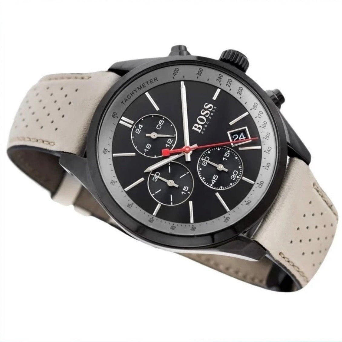 HUGO BOSS Grand Prix HB1513562 Beige Leather Black Dial Chrono Mens Watch 44mm - TIMEWORTH UKhugo boss