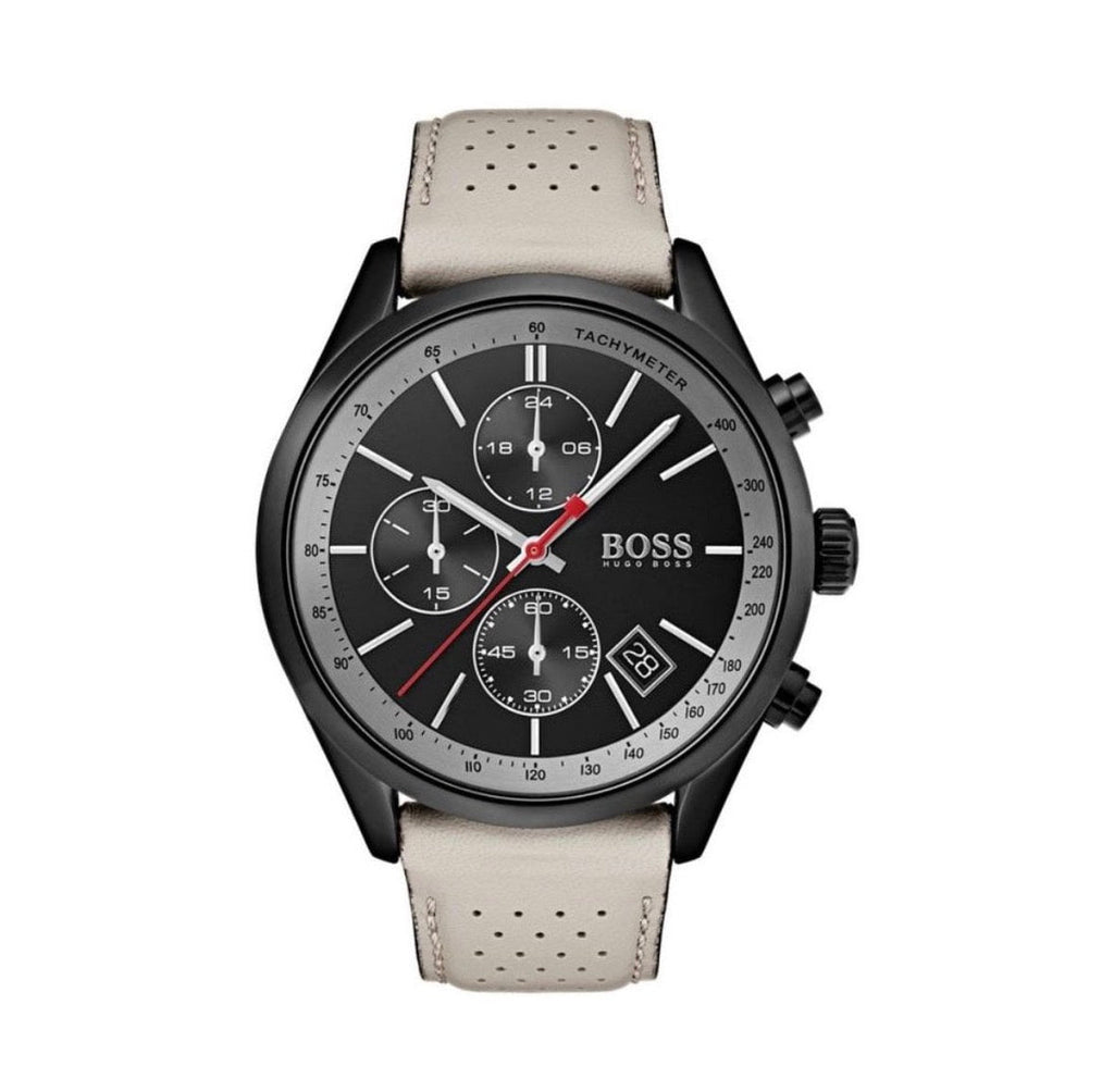 HUGO BOSS Grand Prix HB1513562 Beige Leather Black Dial Chrono Mens Watch 44mm - TIMEWORTH UKhugo boss