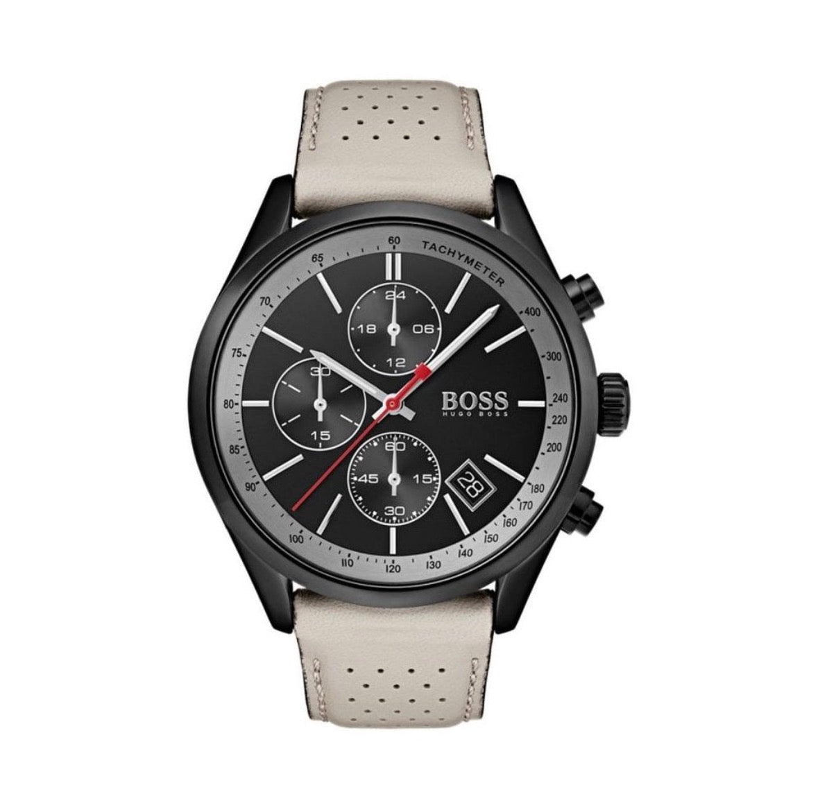 HUGO BOSS Grand Prix HB1513562 Beige Leather Black Dial Chrono Mens Watch 44mm - TIMEWORTH UKhugo boss
