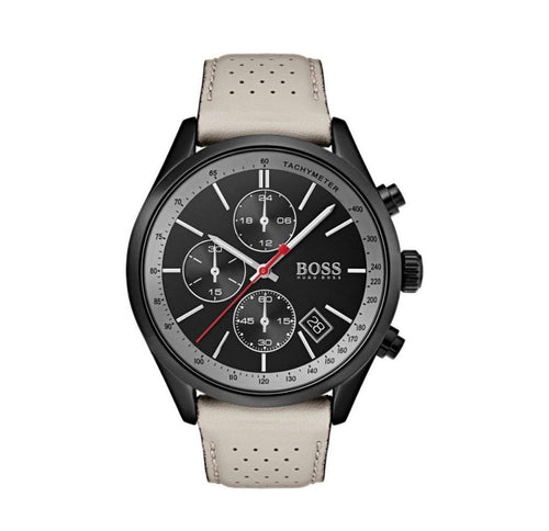 HUGO BOSS Grand Prix HB1513562 Beige Leather Black Dial Chrono Mens Watch 44mm - TIMEWORTH UKhugo boss